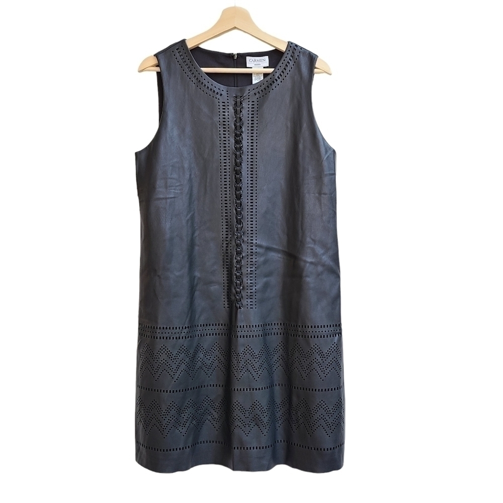 Carmen Marc Valvo Faux Leather Laser Cut Shift Dress Black Medium
